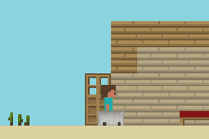 갈색 벽돌로 지어진 건물 옆에 서 있는 픽셀 아트 캐릭터와 작은 선인장