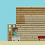 갈색 벽돌로 지어진 건물 옆에 서 있는 픽셀 아트 캐릭터와 작은 선인장