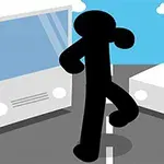 검은색 스틱맨이 도로 위에서 두 차량 사이를 걷고 있는 장면