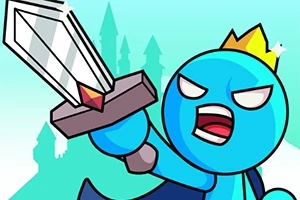 파란색 왕관을 쓴 동그란 캐릭터가 검을 들고 있는 모습