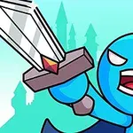 파란색 왕관을 쓴 동그란 캐릭터가 검을 들고 있는 모습