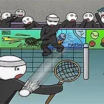 테니스 경기를 하는 막대기 인형 캐릭터들과 관중, 심판이 있는 만화 이미지