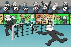 사람들이 배드민턴 경기를 관람하는 가운데 네트에서 두 캐릭터가 경기를 하는 모습