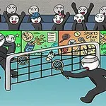 사람들이 배드민턴 경기를 관람하는 가운데 네트에서 두 캐릭터가 경기를 하는 모습