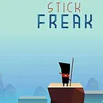 검은색 모자를 쓴 캐릭터가 막대를 들고 있는 모습이 산봉우리 위에 서 있는 장면