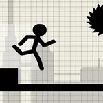 검은색 막대기 인물이 점프하며 톱니 모양 장애물을 피하는 장면