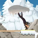 눈 덮인 산악 지형에서 사냥꾼 복장을 한 캐릭터가 줄을 건너는 모습