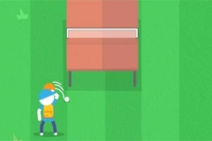 초록색 배경 위에 파란 모자와 주황색 상의를 입은 캐릭터가 탁구대 방향으로 공을 던지는 모습