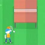 초록색 배경 위에 파란 모자와 주황색 상의를 입은 캐릭터가 탁구대 방향으로 공을 던지는 모습