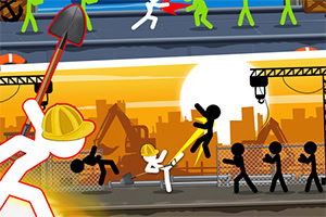 건설 현장에서 안전모를 쓴 흰색 스틱맨이 삽을 들고 검은색 스틱맨들과 싸우고 있는 장면