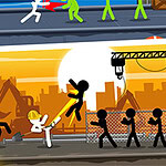 건설 현장에서 안전모를 쓴 흰색 스틱맨이 삽을 들고 검은색 스틱맨들과 싸우고 있는 장면