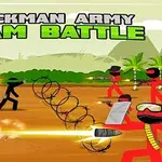 검은색과 빨간색 스틱맨들이 전투 중이며 각종 무기로 서로 공격하는 모습