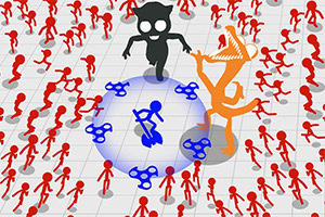 회색 바닥 위에 주황색과 검은색 캐릭터가 빨간색 인형들 사이에 서 있고, 중앙에는 파란색 원과 회전하는 장난감이 있는 이미지