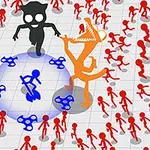 회색 바닥 위에 주황색과 검은색 캐릭터가 빨간색 인형들 사이에 서 있고, 중앙에는 파란색 원과 회전하는 장난감이 있는 이미지