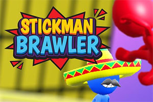 STICKMAN BRAWLER라는 글자가 있는 가운데, 멕시코 소모자와 콧수염을 가진 파란 스틱맨과 빨간색 스틱맨이 있는 이미지