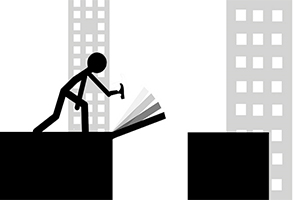 검정 막대기 인간이 망치를 들고 두 건물 사이의 공간 위에서 작업하는 모습