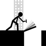 검정 막대기 인간이 망치를 들고 두 건물 사이의 공간 위에서 작업하는 모습