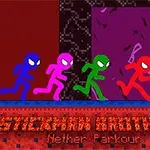 네 명의 스틱맨이 서로 다른 색깔로 무대를 뛰어가는 모습