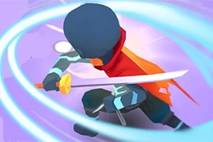 칼을 든 검은 옷을 입은 인물이 빨간 망토를 휘날리며 포즈를 취하고 있는 장면