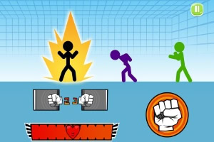 검은색 스틱맨이 격투 동작을 취하고 있으며, 다채로운 텍스트와 심볼이 배경에 있는 이미지