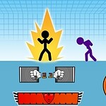 검은색 스틱맨이 격투 동작을 취하고 있으며, 다채로운 텍스트와 심볼이 배경에 있는 이미지