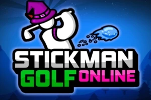 보라색 모자를 쓴 하얀 스틱맨이 골프를 치는 모습과 STICKMAN GOLF ONLINE 텍스트