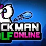 보라색 모자를 쓴 하얀 스틱맨이 골프를 치는 모습과 STICKMAN GOLF ONLINE 텍스트