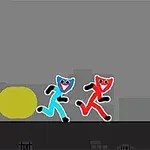 어두운 배경에서 파란색과 빨간색 고양이 얼굴을 한 캐릭터들이 경찰로 보이는 검은 실루엣 캐릭터에게 쫓기는 장면