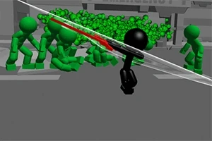 검은색 스틱맨이 칼을 휘두르며 여러 녹색 스틱맨을 상대하는 장면