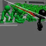 검은색 스틱맨이 칼을 휘두르며 여러 녹색 스틱맨을 상대하는 장면