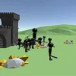검은색 막대 인간들이 녹색 평원과 성 옆에서 무기를 들고 있는 장면