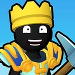 웃는 얼굴의 검은 캐릭터가 금색 왕관과 갑옷을 입고 곡괭이를 들고 있는 모습