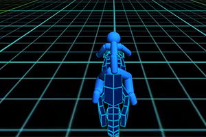 파란색 격자 무늬 배경 위에서 오토바이를 타고 있는 파란색 스틱맨 캐릭터