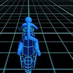 파란색 격자 무늬 배경 위에서 오토바이를 타고 있는 파란색 스틱맨 캐릭터