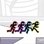 네 명의 귀여운 검은색 사람 모양의 캐릭터들이 각각 빨간색, 보라색, 파란색, 노란색 윤곽선을 두르고 달리고 있는 모습