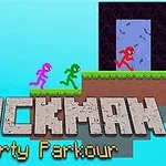 파란 하늘 아래 색색의 스틱맨들이 달리며 플랫폼 위를 이동하고 있는 모습