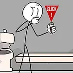 막대인간 캐릭터가 손에 든 물체를 클릭하고 있는 모습이며, 배경에 화장실 변기와 침대가 보입니다