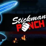 어두운 배경 속에서 푸른 검을 든 눈이 빛나는 스틱맨이 전투 준비 자세를 취하고 있으며, 오른쪽에 Stickman Punch라는 글자가 있다