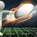 연필로 그린 듯한 흰 인물이 미식축구 경기장에서 불꽃이 타오르는 공을 차고 있는 모습