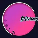 핑크와 보라색의 원형 배경 위를 달리는 스틱맨 캐릭터들