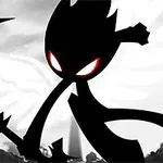 검은 실루엣의 캐릭터가 빨간 눈을 빛내며 날개와 칼을 갖추고 있는 장면