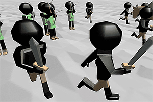 검은색 헬멧을 쓴 캐릭터들이 각기 다른 방향으로 검을 들고 이동하는 모습