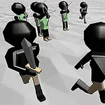 검은색 헬멧을 쓴 캐릭터들이 각기 다른 방향으로 검을 들고 이동하는 모습