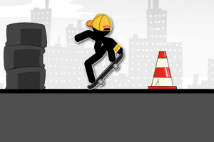 스케이트보드를 타고 있는 노란 모자를 쓴 검은 색의 캐릭터가 도시 배경 앞에서 장애물을 넘고 있다