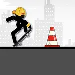 스케이트보드를 타고 있는 노란 모자를 쓴 검은 색의 캐릭터가 도시 배경 앞에서 장애물을 넘고 있다