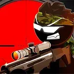 카모플라주 밴드를 두른 인물이 선글라스를 쓰고 소총을 들고 있는 장면