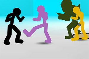 검정, 보라, 초록, 노랑색의 스틱맨이 서로 싸우고 있는 장면