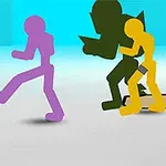 검정, 보라, 초록, 노랑색의 스틱맨이 서로 싸우고 있는 장면