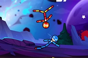 우주를 배경으로 빨간색과 파란색 막대 인간이 공중에서 싸우고 있는 모습