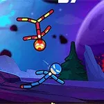 우주를 배경으로 빨간색과 파란색 막대 인간이 공중에서 싸우고 있는 모습